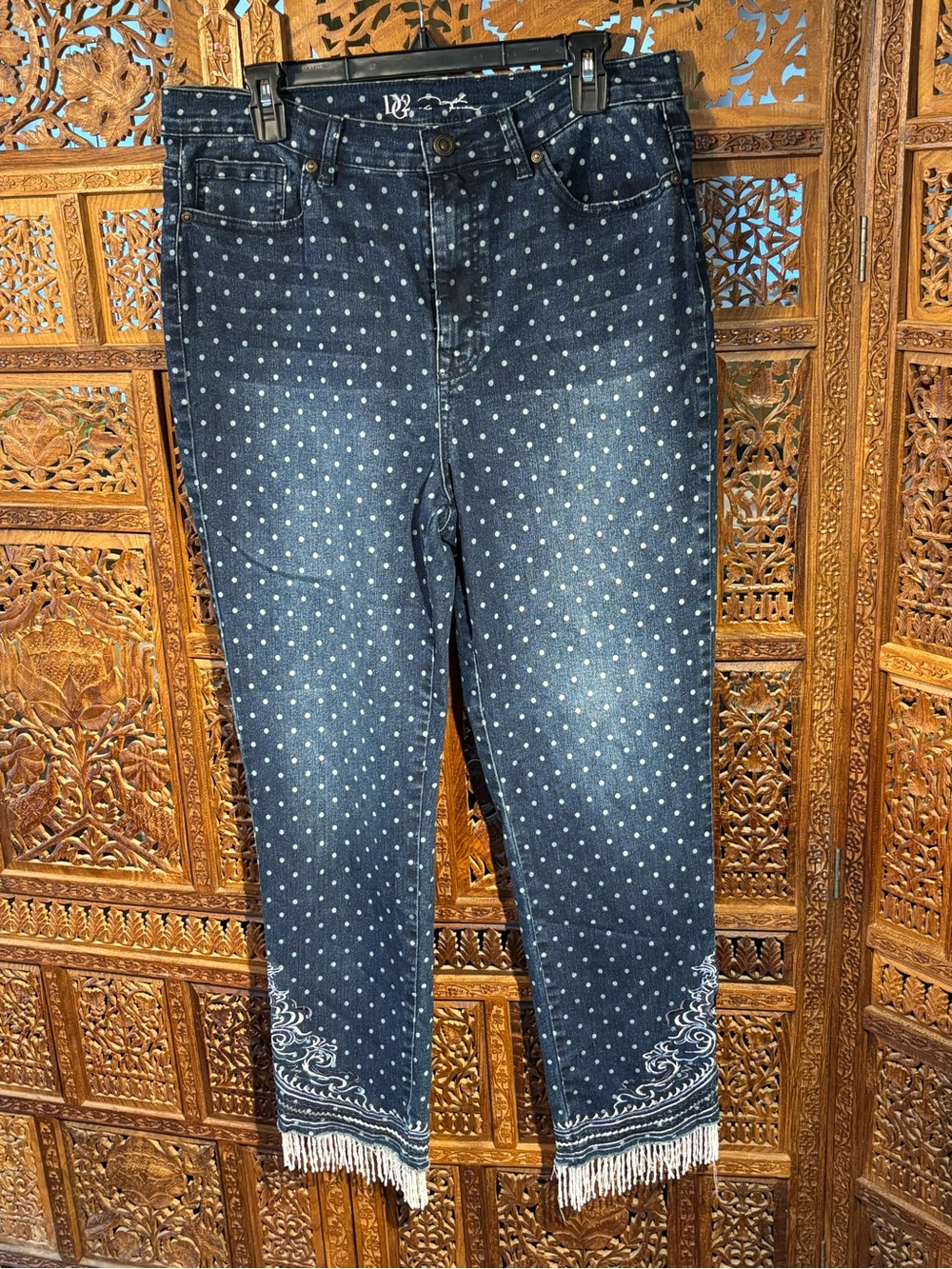DG2 by Diane Gilman Dark Blue Polka Dot High-Rise Jeans embroidered fringe leg